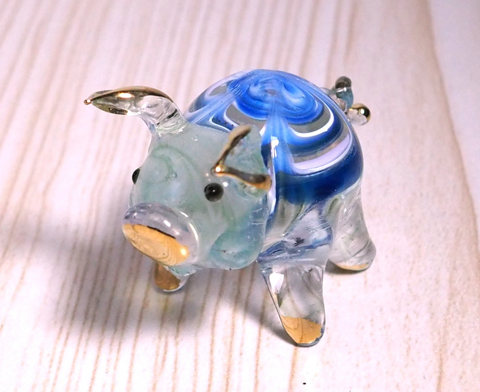 blue green cute PIG figurine hand blown Art Glass gold trim 1.75 in GIFT decor