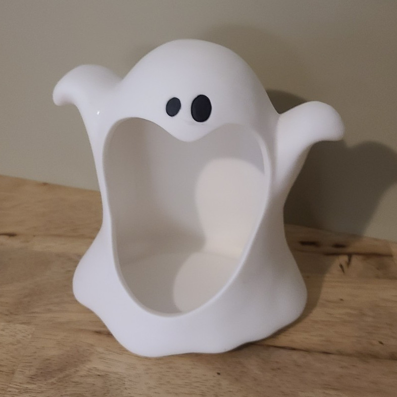 Ceramic Ghost Figurine White w/ Black Eyes Candy Dish Open Mouth