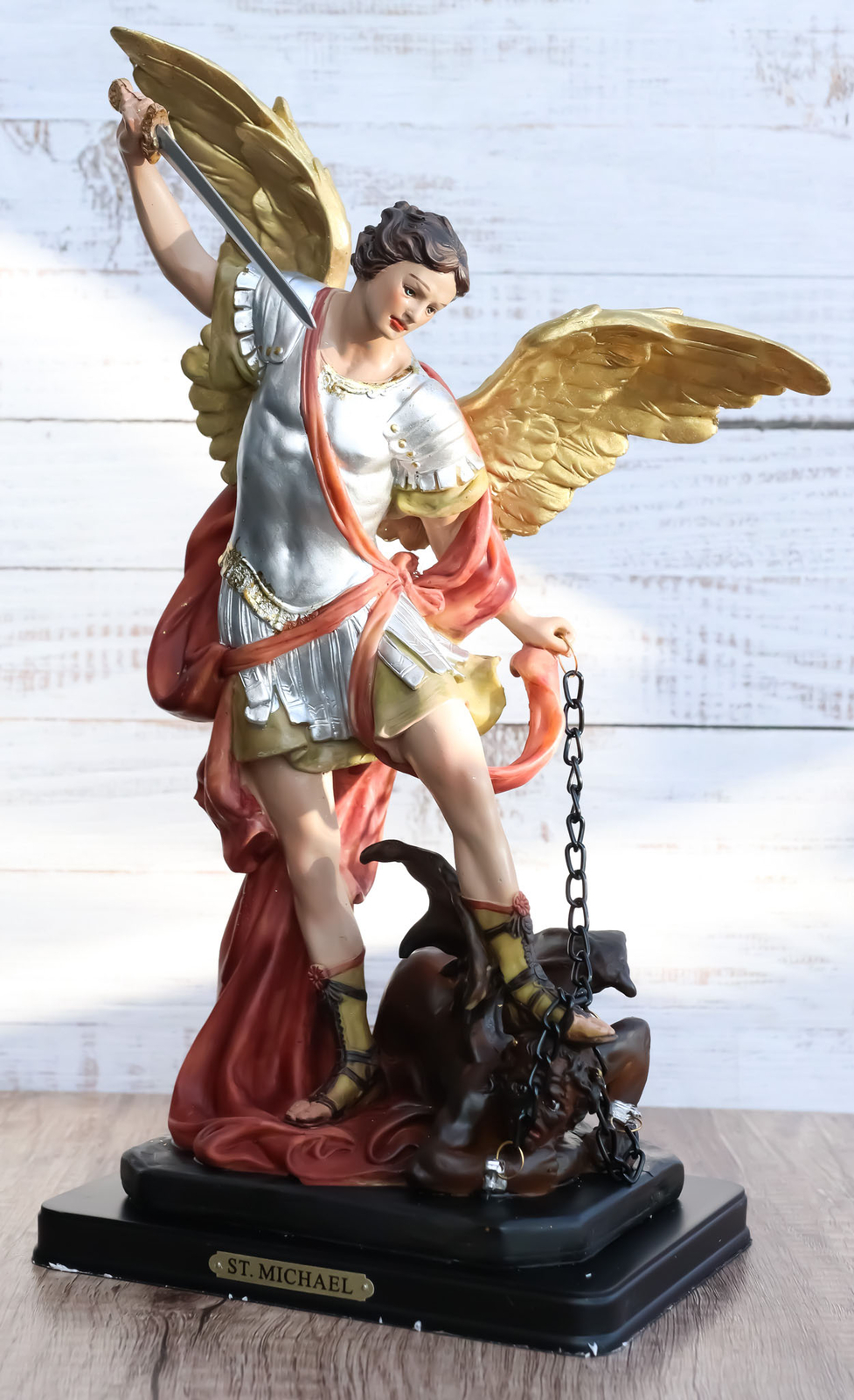 Large Archangel Saint Michael Slaying Lucifer Satan Statue With Brass Name Plate