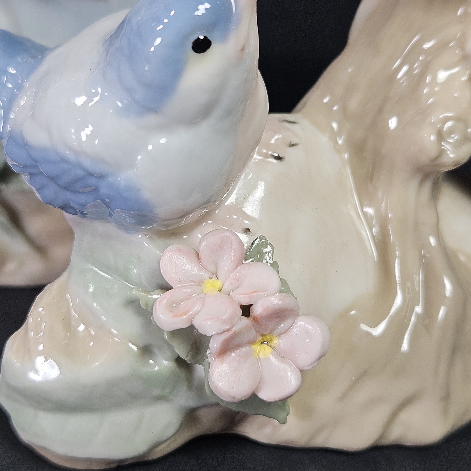 Vtg Handpainted Ceramic Figurines Blue Birds Beautiful Lady Hat Flowers Signed