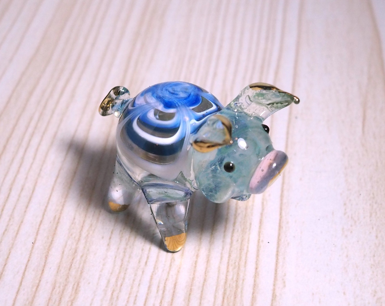 blue green cute PIG figurine hand blown Art Glass gold trim 1.75 in GIFT decor