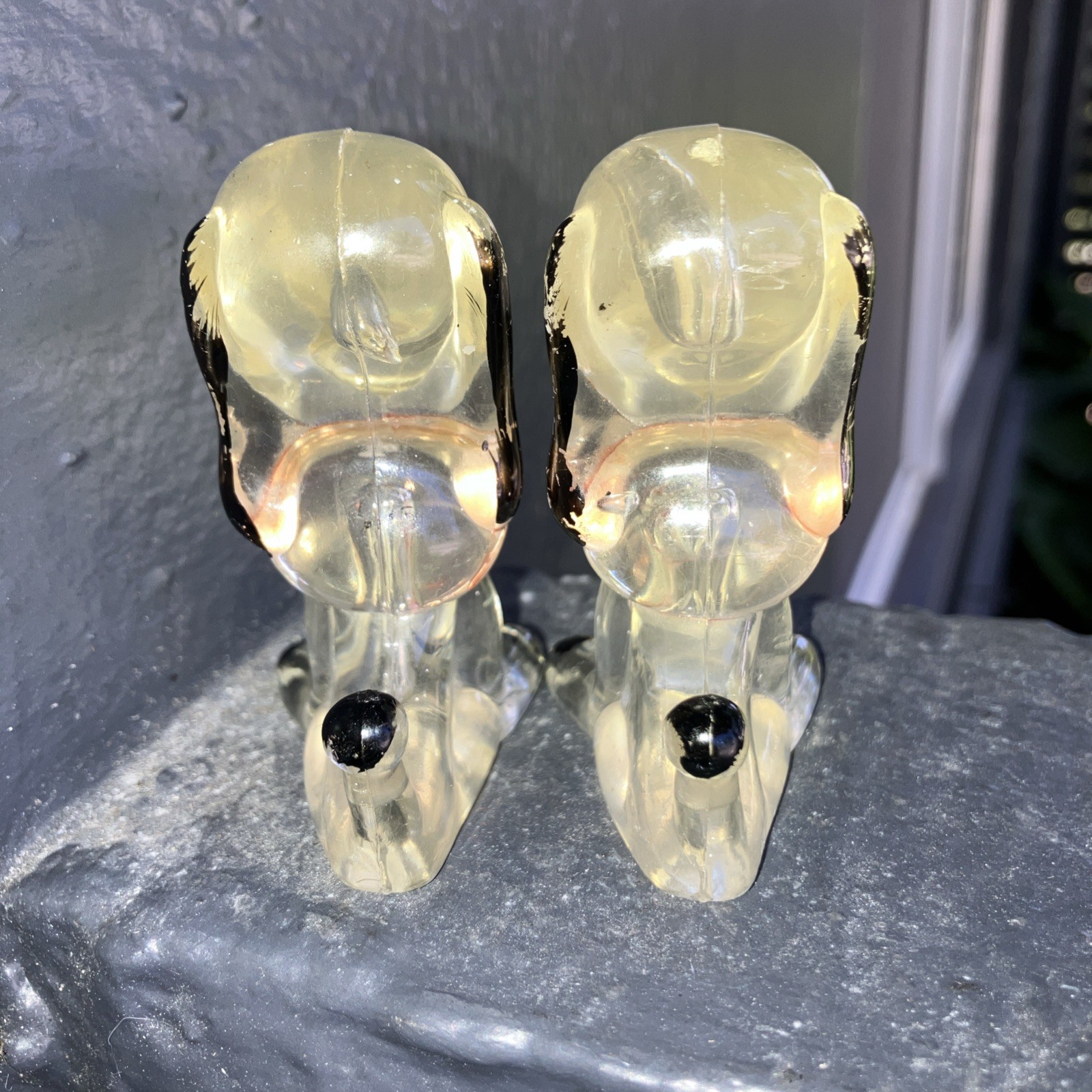 2 Vintage 1970s Crystalite Glass Snoopy Dog Figurine Crystal Pets Clear Black