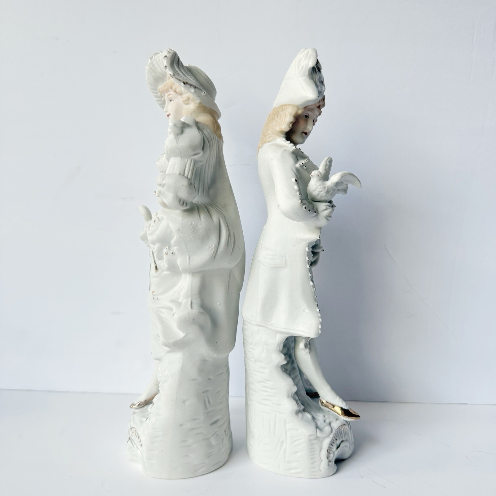 Vintage Pair of Rococo Baroque Couple Figurines Doves White Bisque Porcelain 12”