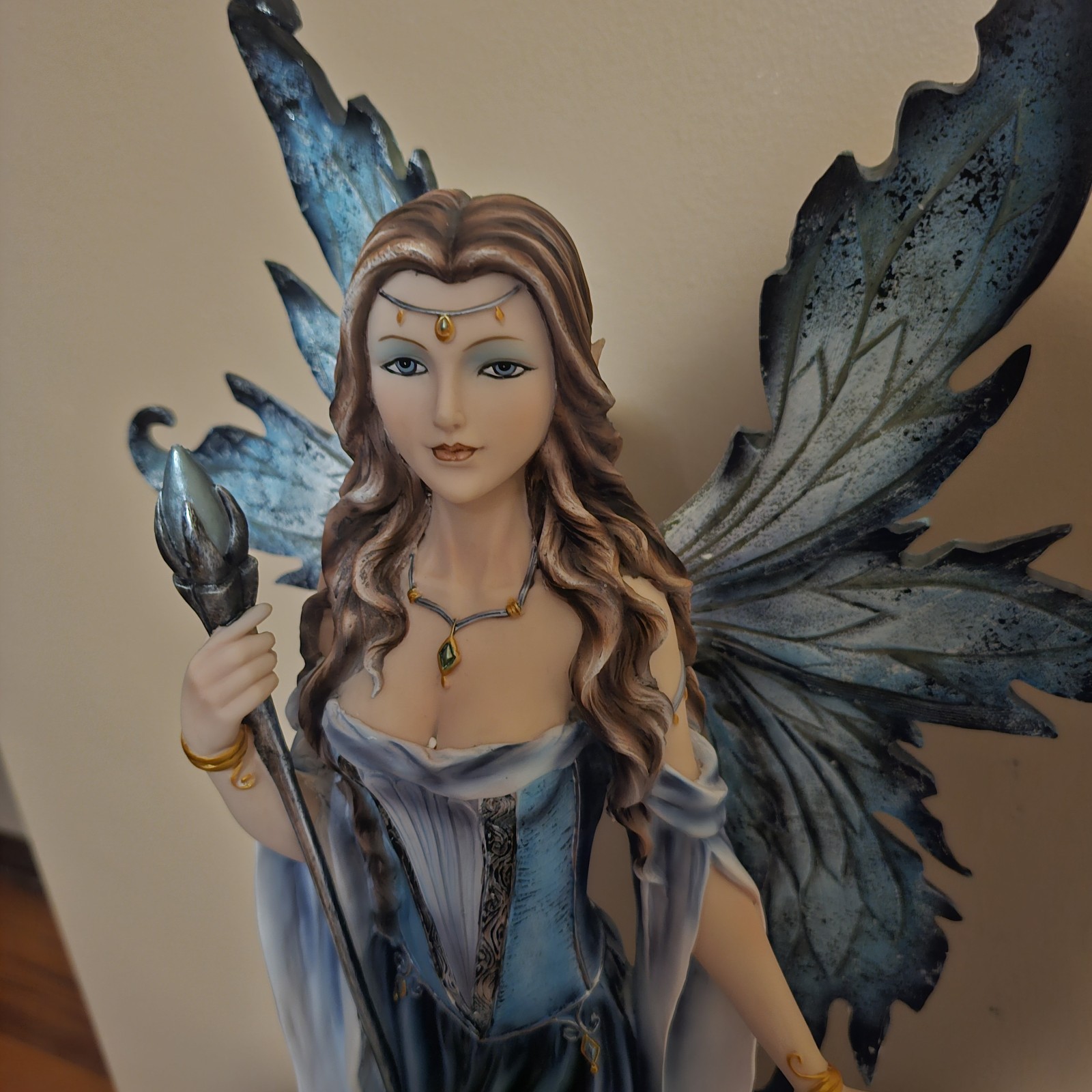 Fantasy Fairy Woman Figurine with Blue Dragon Blue Dress Painted Resin Statue