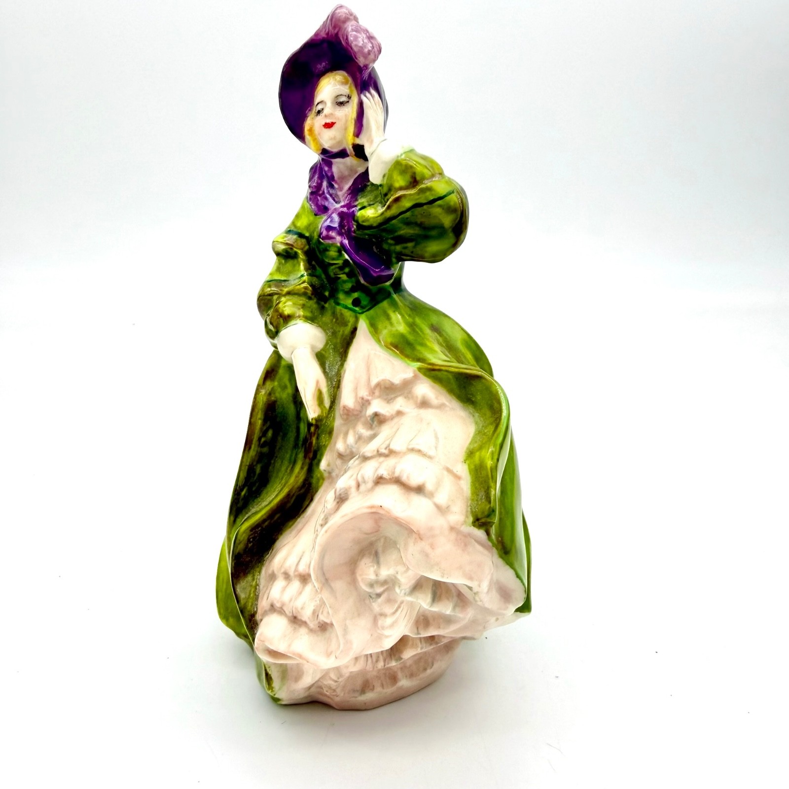VTG Signed Grace Porcelain Lady Figurine 7.25″ Green Purple Bonnet Victorian