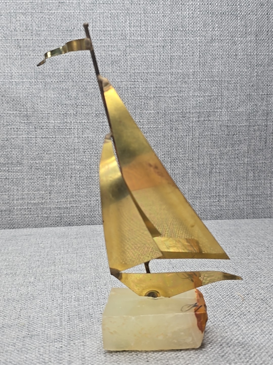 Sailboat MCM Nautical Brutalist Brass Onyx Quartz Base Mario Jason Signed
