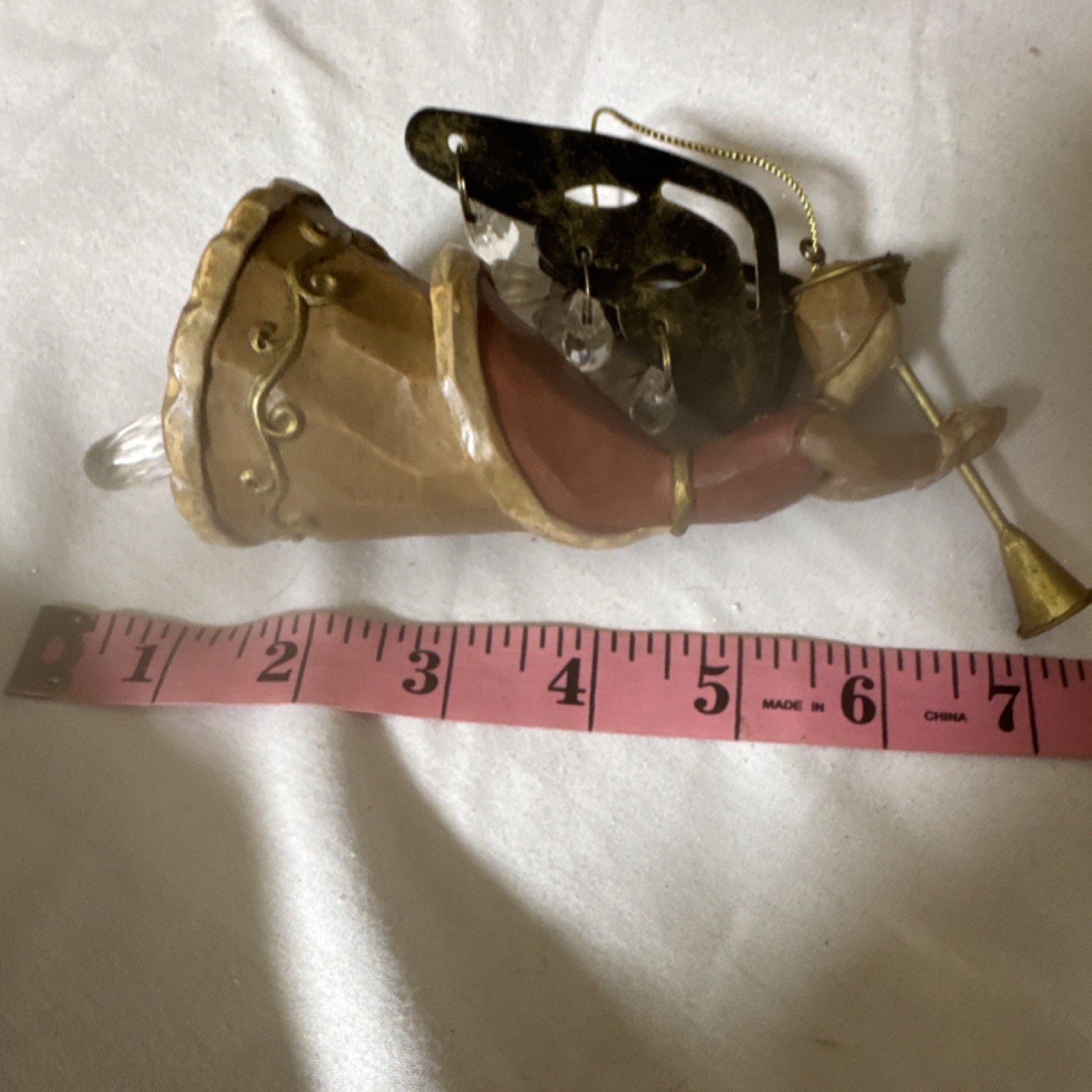 Antique Gold Red Brown Hanging Angel Trumpet Figurine Metal Plastic 7 Inch Decor