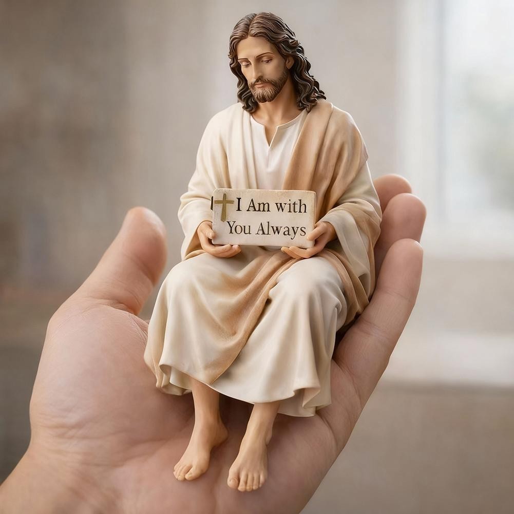 Jesus-Resin Desk Figurine with“I Am with You Always”Sign Handmade Sitting Statue