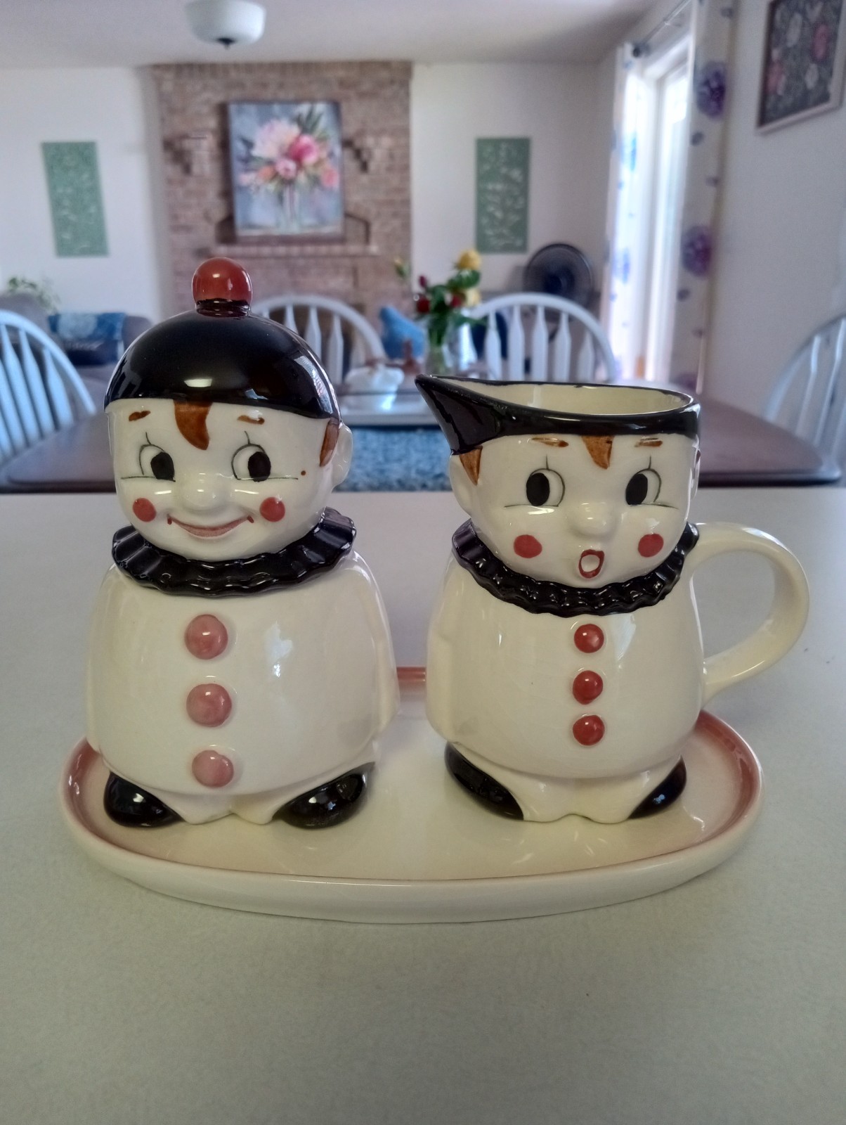 Vintage Goebel Harlequin Clown Cream & Sugar on Tray Set 1959 W Germany