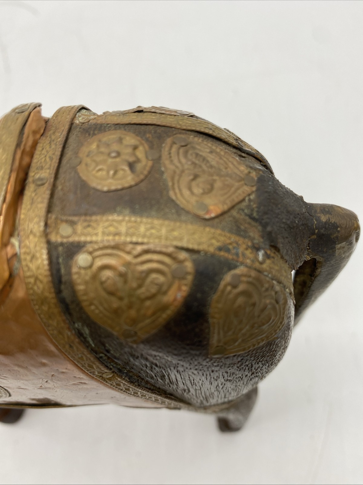 Vintage Wood Horse Hand Carved with Ornate Brass And Copper Accents 8”
