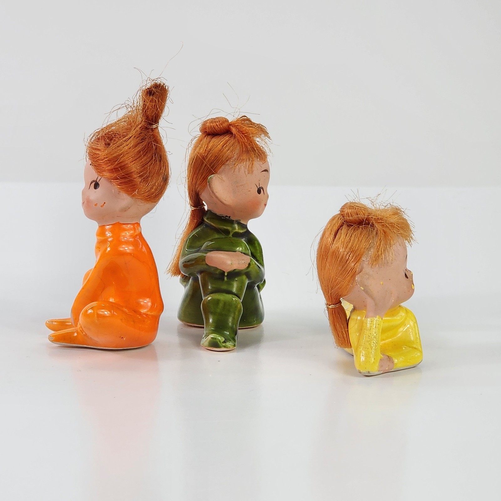 3 Vtg Ceramic Pixies Red Orange Hair Doll Elf Japan National Potteries Co.