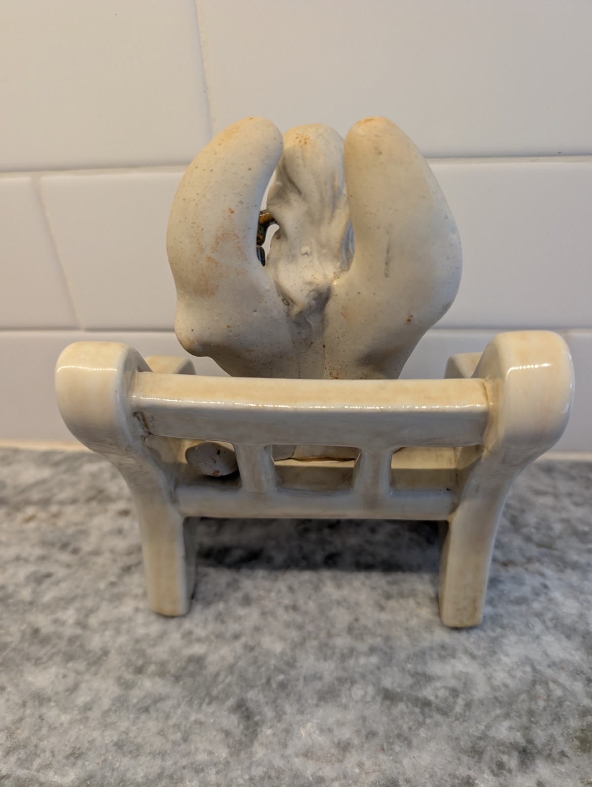 Stoneware Angel Playing Flute Shelf Sitter Blue Glazed Vintage