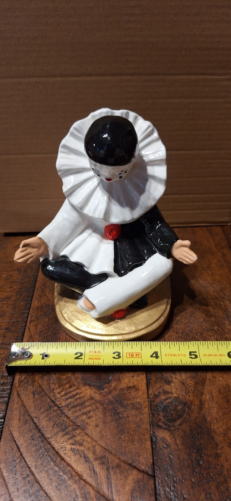 Pierrot Hand Painted Ceramic Circus Clown Figurine, White Black Red Gold, 5 in