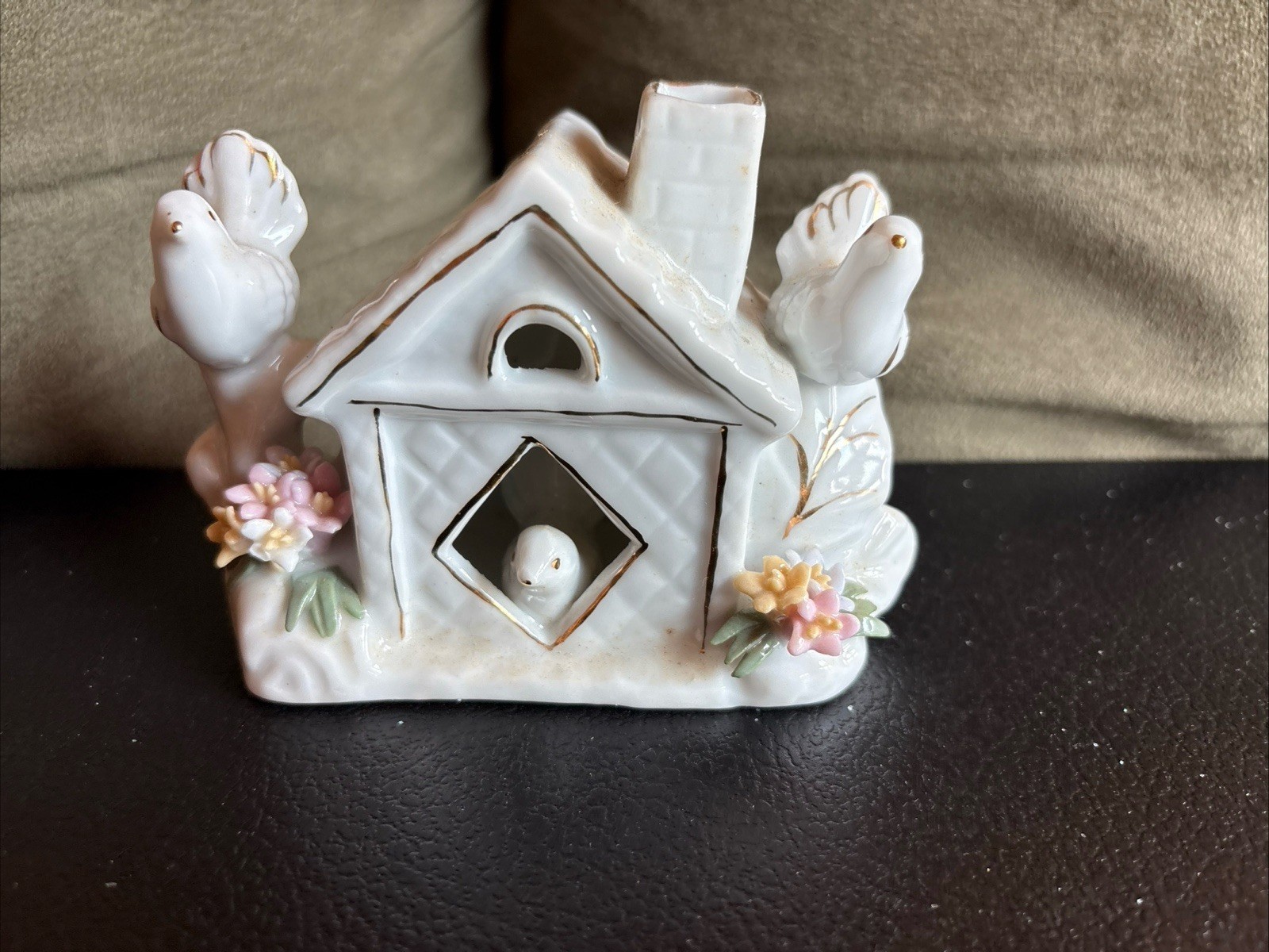 Vintage Porcelain White Birdhouse With Dives And Yellow Pink Flowers