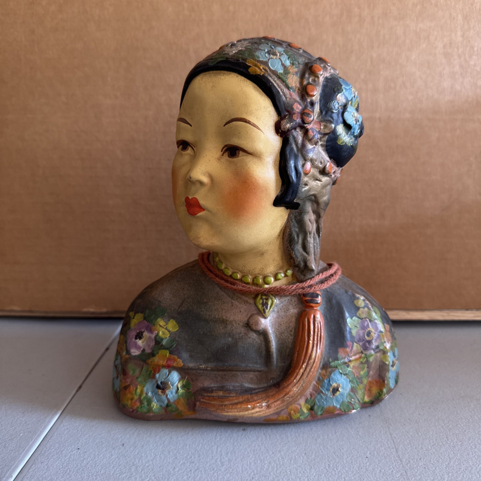 1920s chalk ware bust Asian woman by Joe Celona original paint