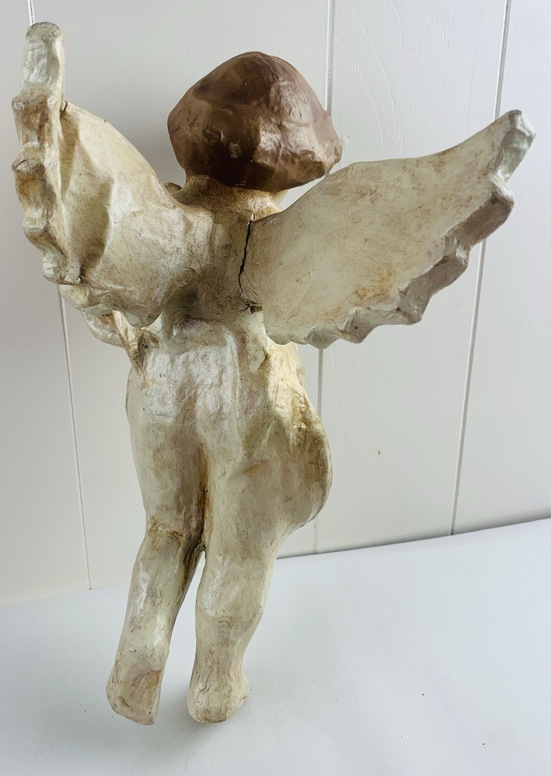 12” Paper Mache Religious Decoration Flying Cherub Angel Playing Harp Vtg READ