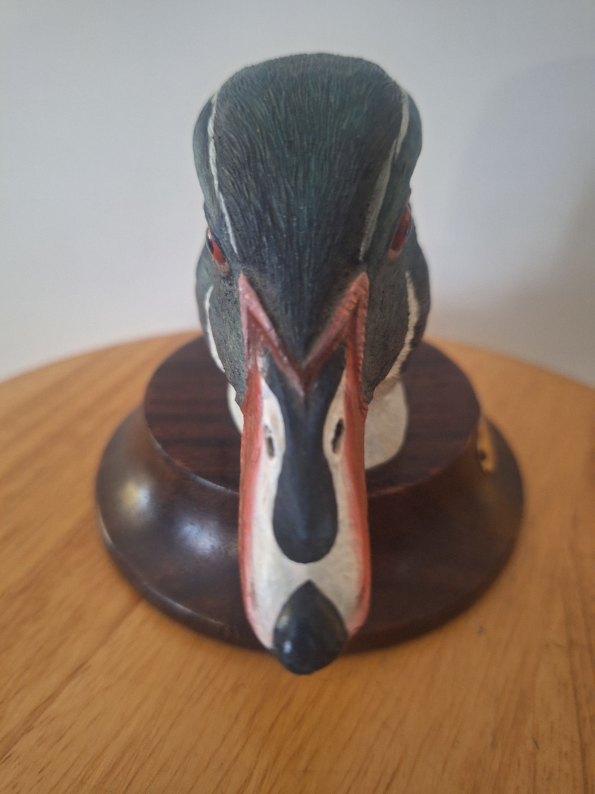 Hai Feng Ma hand carved and painted duck head bust on wooden base with signature