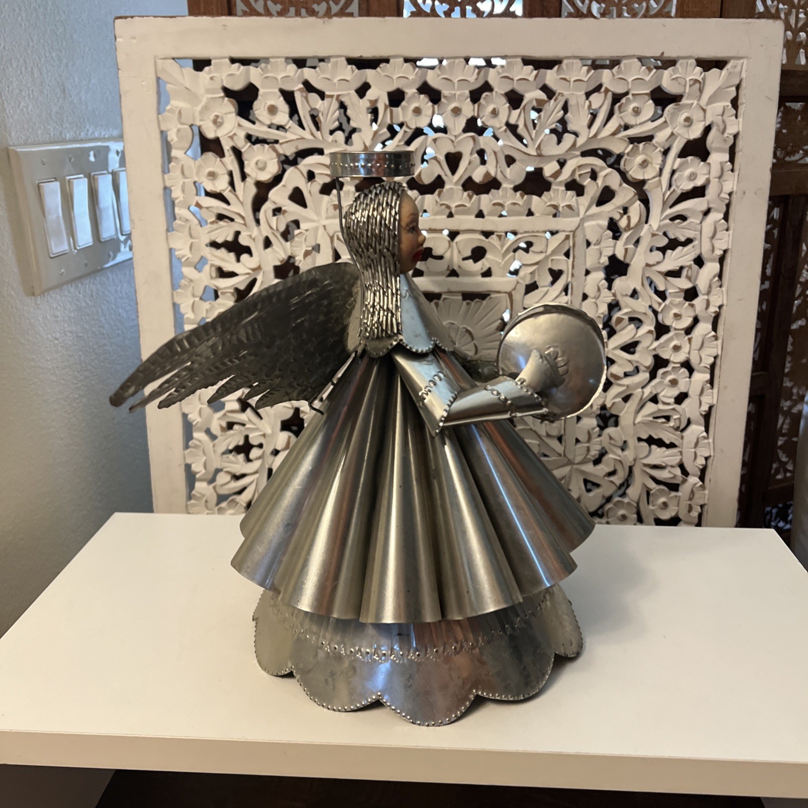 Vintage Mexican Folk Art Tin Angel with Hand Painted Face Wings 13×20 Figure