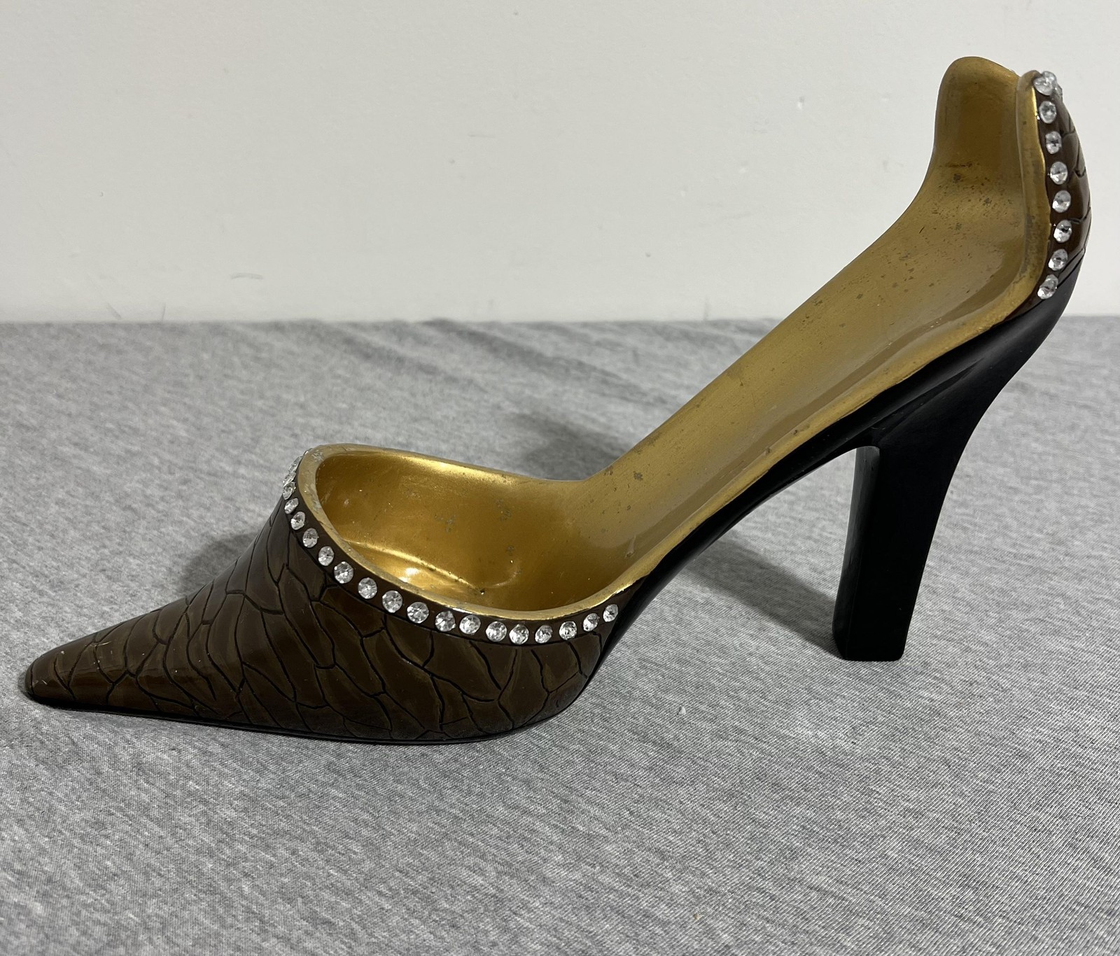 High Heel Stiletto Shoe Figurine Brown Gold Black Rhinestone Accents Decor Gift