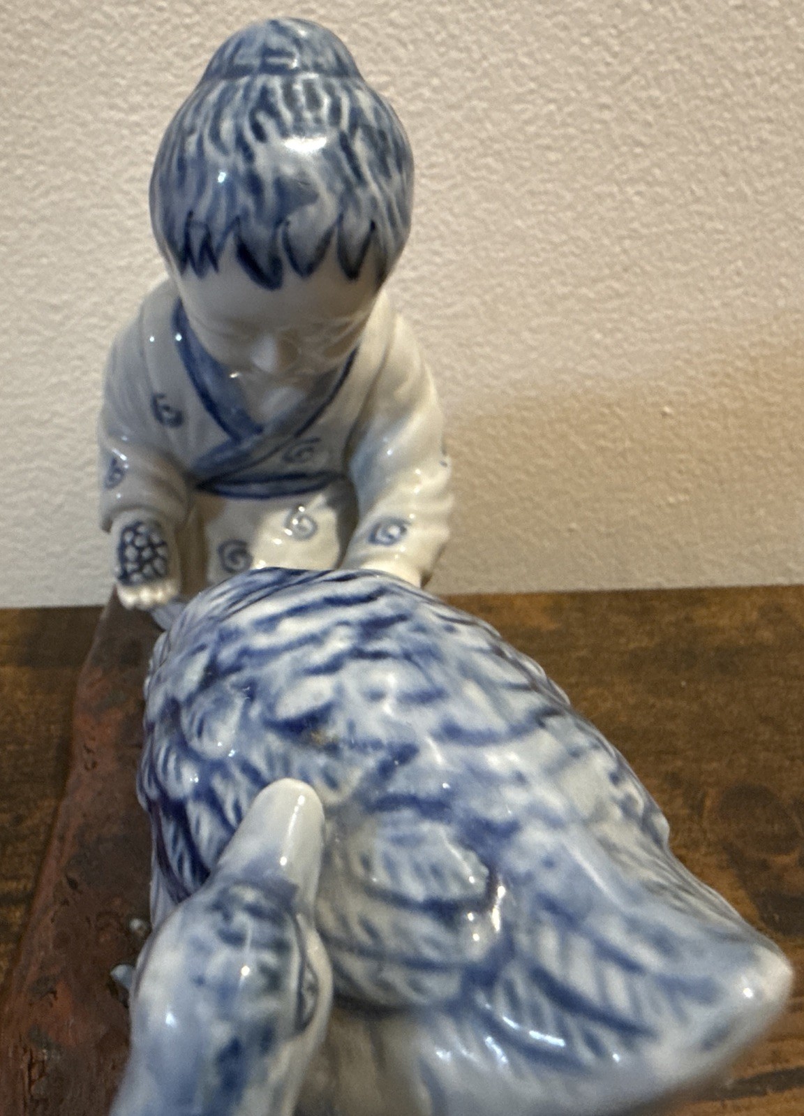 Vintage Chinese delft porcelain Figurine Woman Feeding Ducks Chinoiserie Art