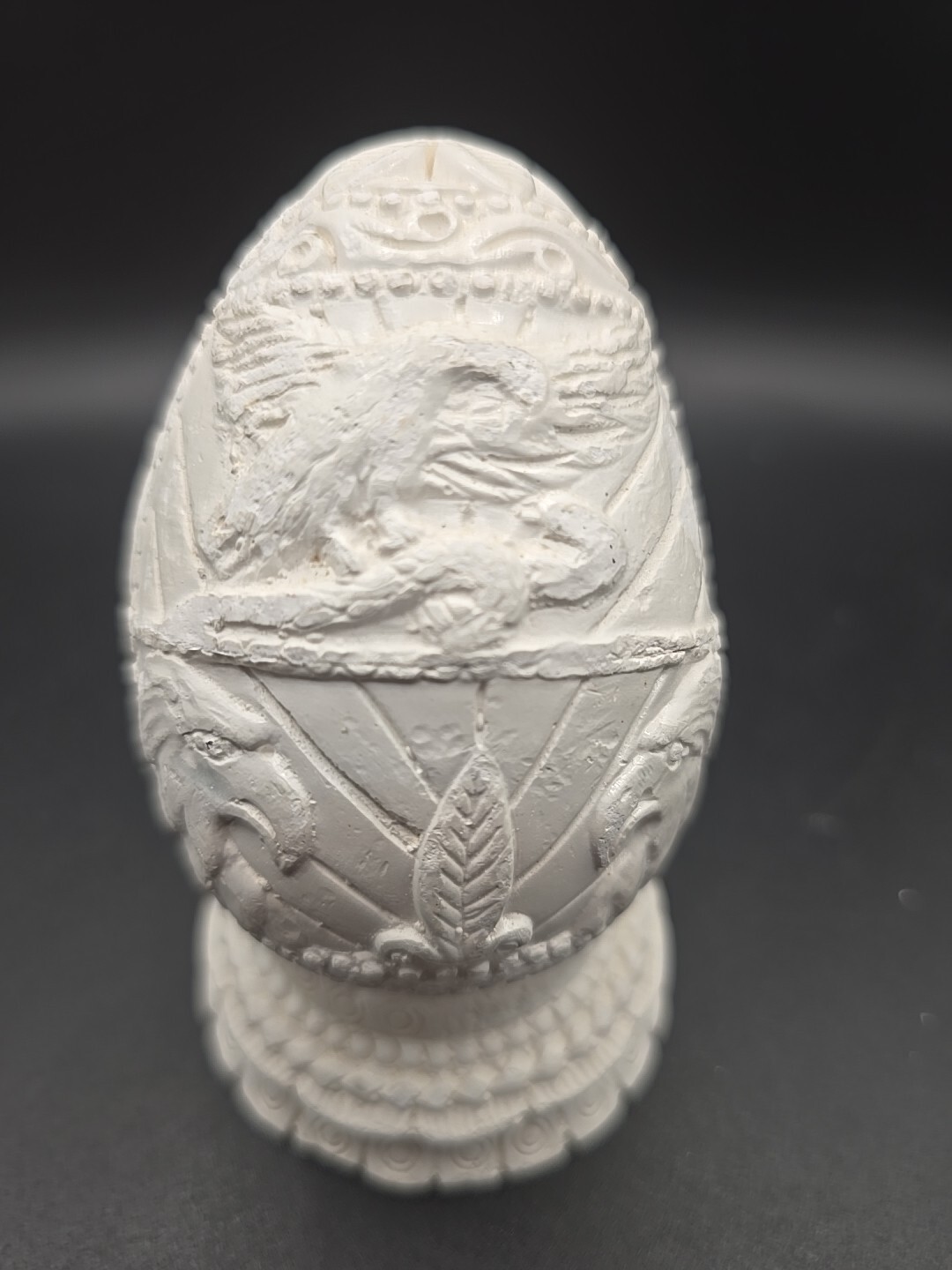 Carved White Chalk (like) Egg With Pedestal Eagles Solid 3.75″x2.25″