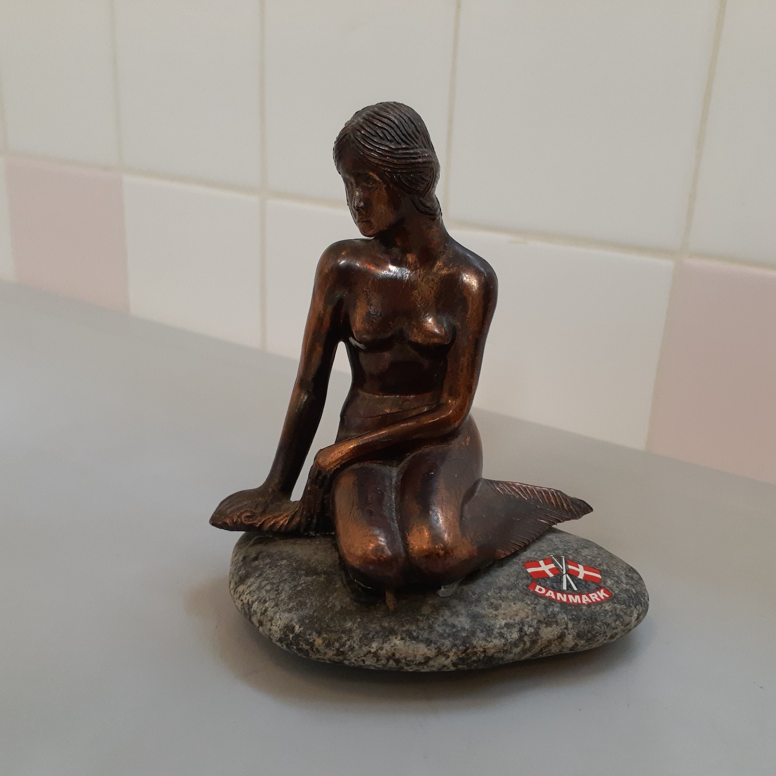 Vintage Light Copper/Metal Danmark MERMAID Figurine with Faux Stone 4.1″ tall