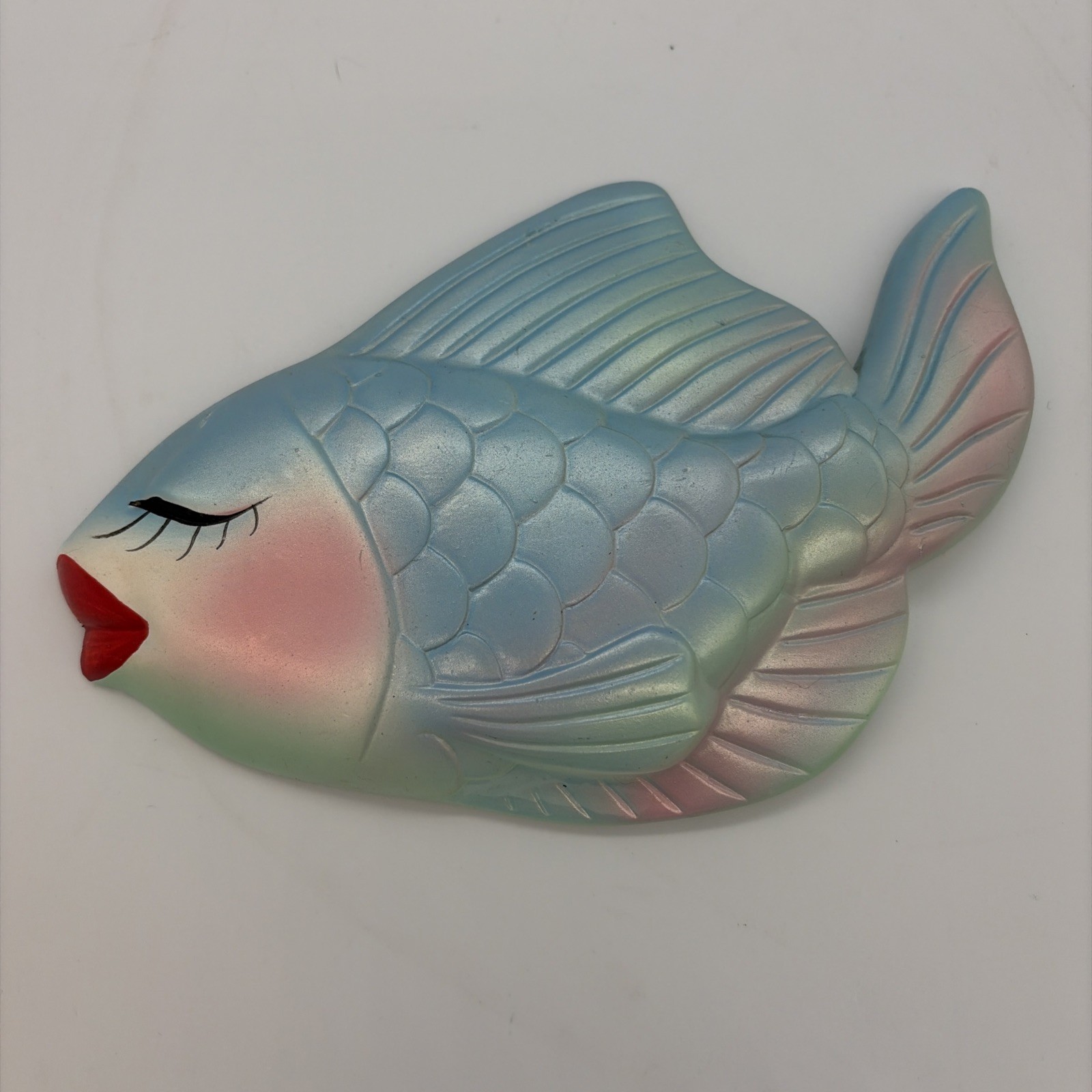 Miller Studio Chalkware Fish Bath Wall Decor Blue Green Red Lips 1960s Vintage