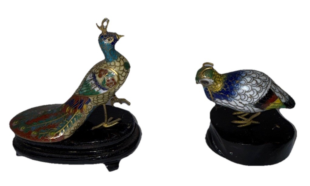 Chinese Cloisonné Enamel 2 Pheasant Bird Figurine Colorful Hen Rooster 3 in Vtg