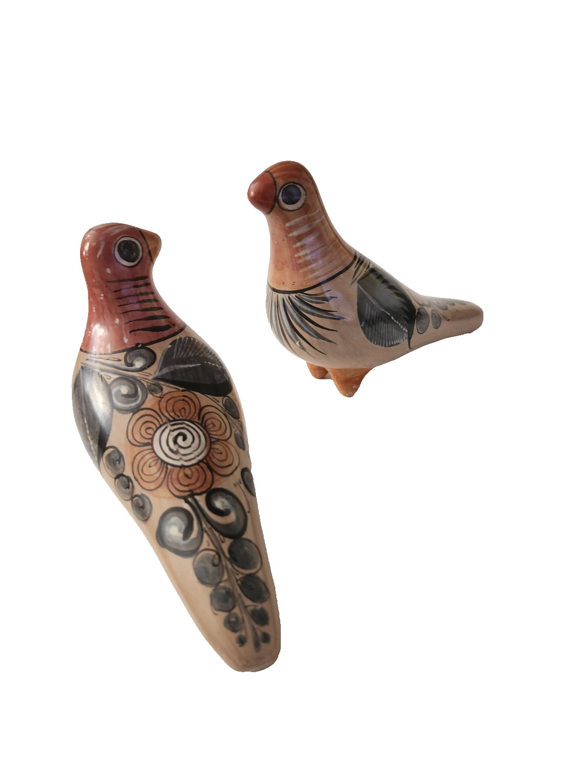 Tonala Footed Dove 2 Figurines Mexican Clay Pottery Hand Painted Folk Art Birds