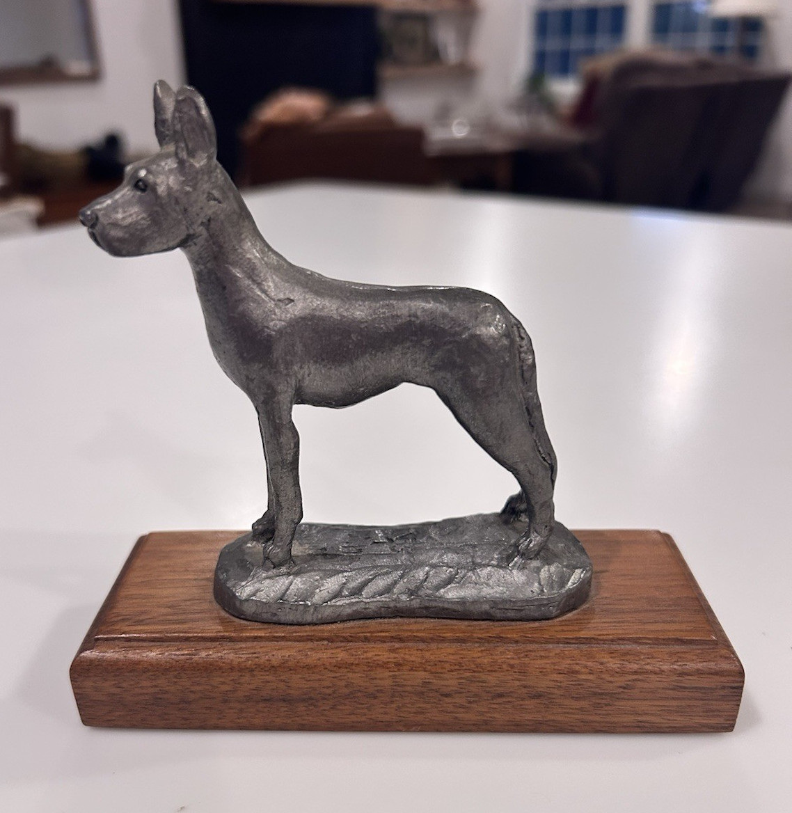 Pewter Great Dane vintage Figurine Sculpture Mounted Wood Base Small 6″L x 4″H