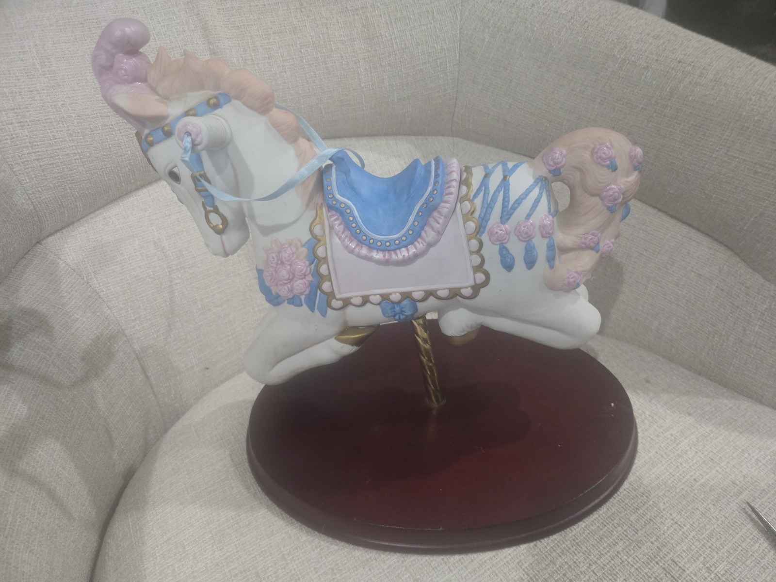 Ceramic Carousel Horse Figurine White Pink Plume On Wood Base Large