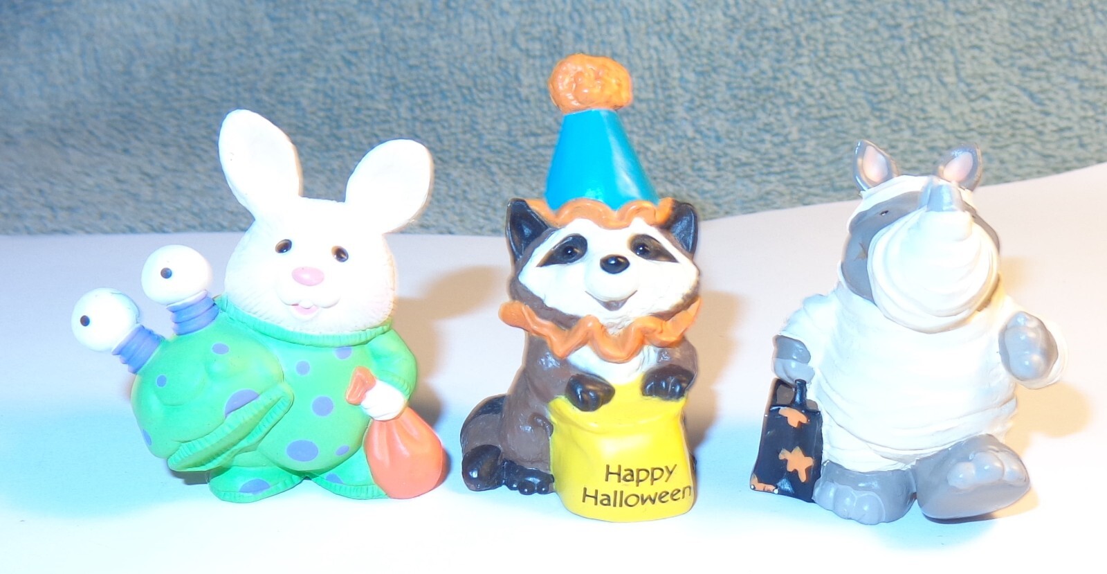 3 VTG Hallmark Halloween Merry Miniature Figurines RACCOON RHINOCEROUS RABBIT