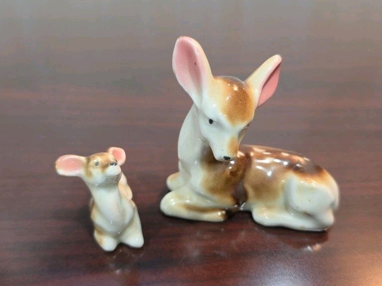 Occupied Japan Porcelain Deer Family , 2 Pieces , Vintage Mid century White Tail