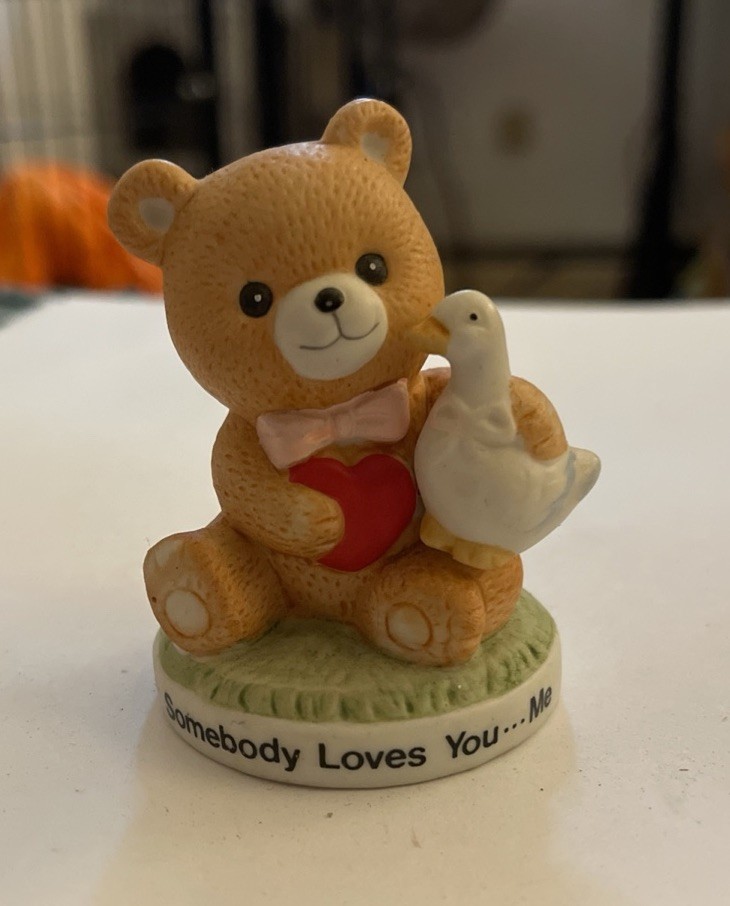 Russ Ceramic Bear Holding Bird & Heart “Somebody Loves You…Me” Figurine