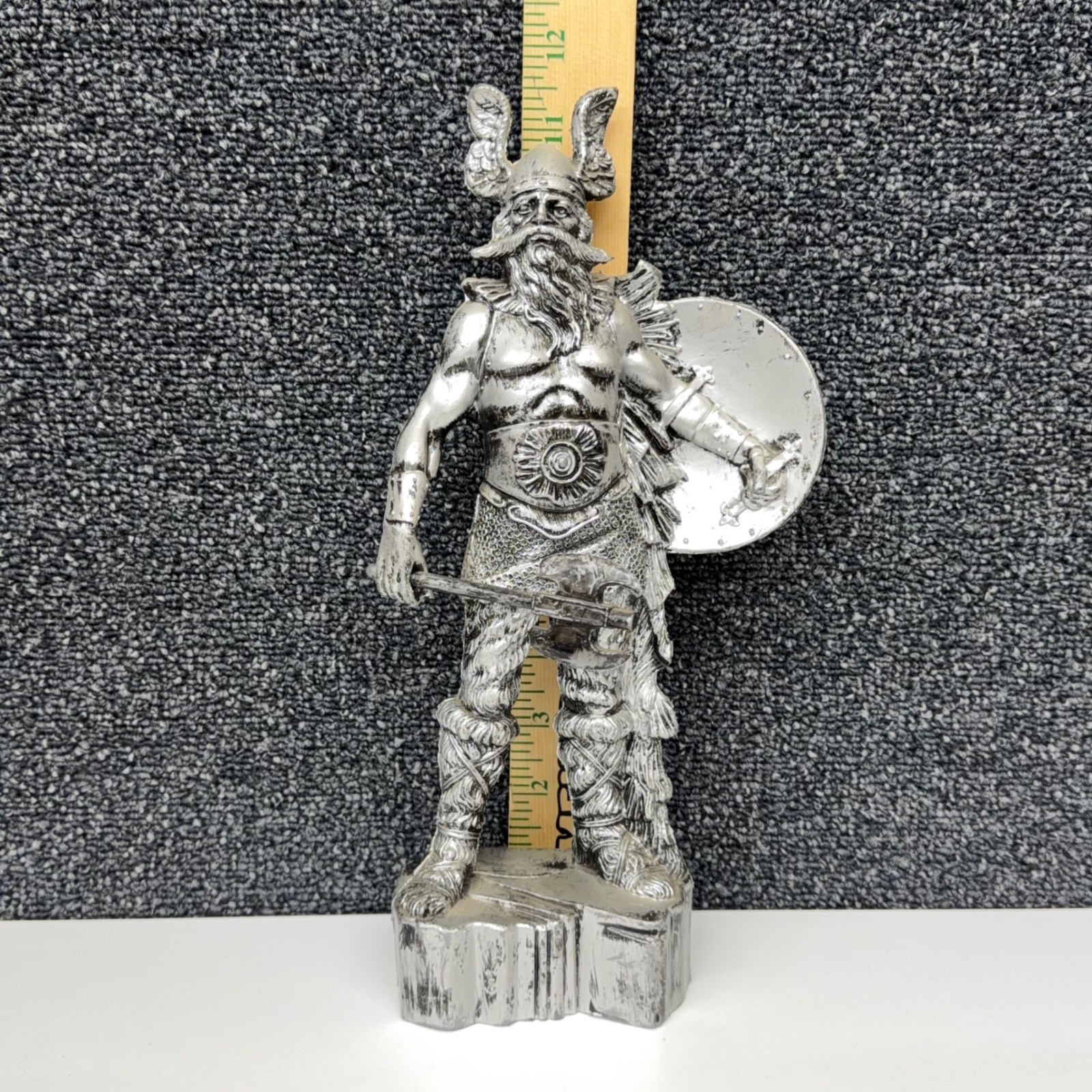 Vtg Enesco Viking Warrior Figurine Faux Silver Tone Norse Barbarian Statue 11.5″