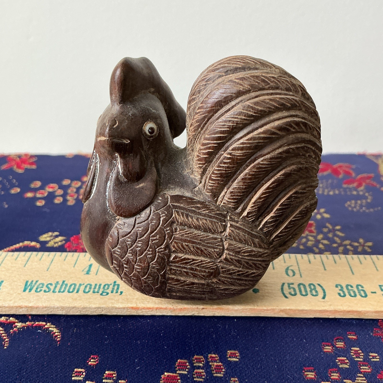 Carved Wood Rooster Figurine Brown Matte Finish Small 2” Eyes inlaid and signed.