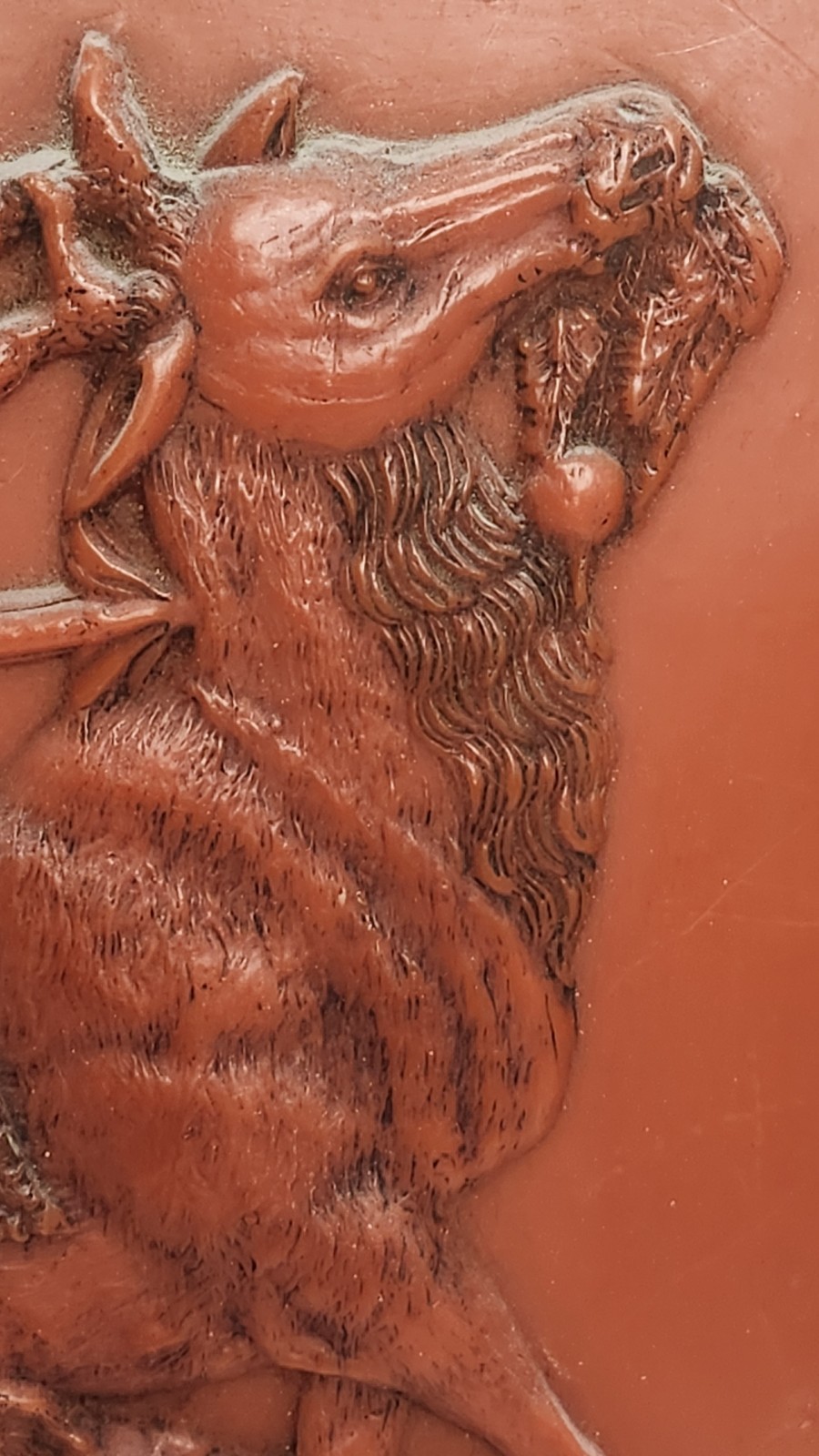 Vintage German Red Wax Relief Carving Royal Stag Hunting Wall Hanging 1960’s