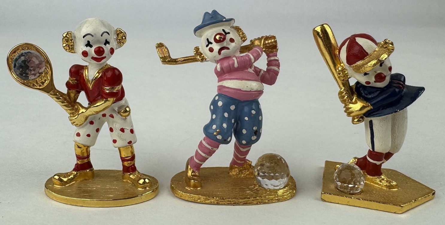 3 Spoontiques Pewter Miniature Gold Clown Swarovski Crystal Tennis Golf Baseball