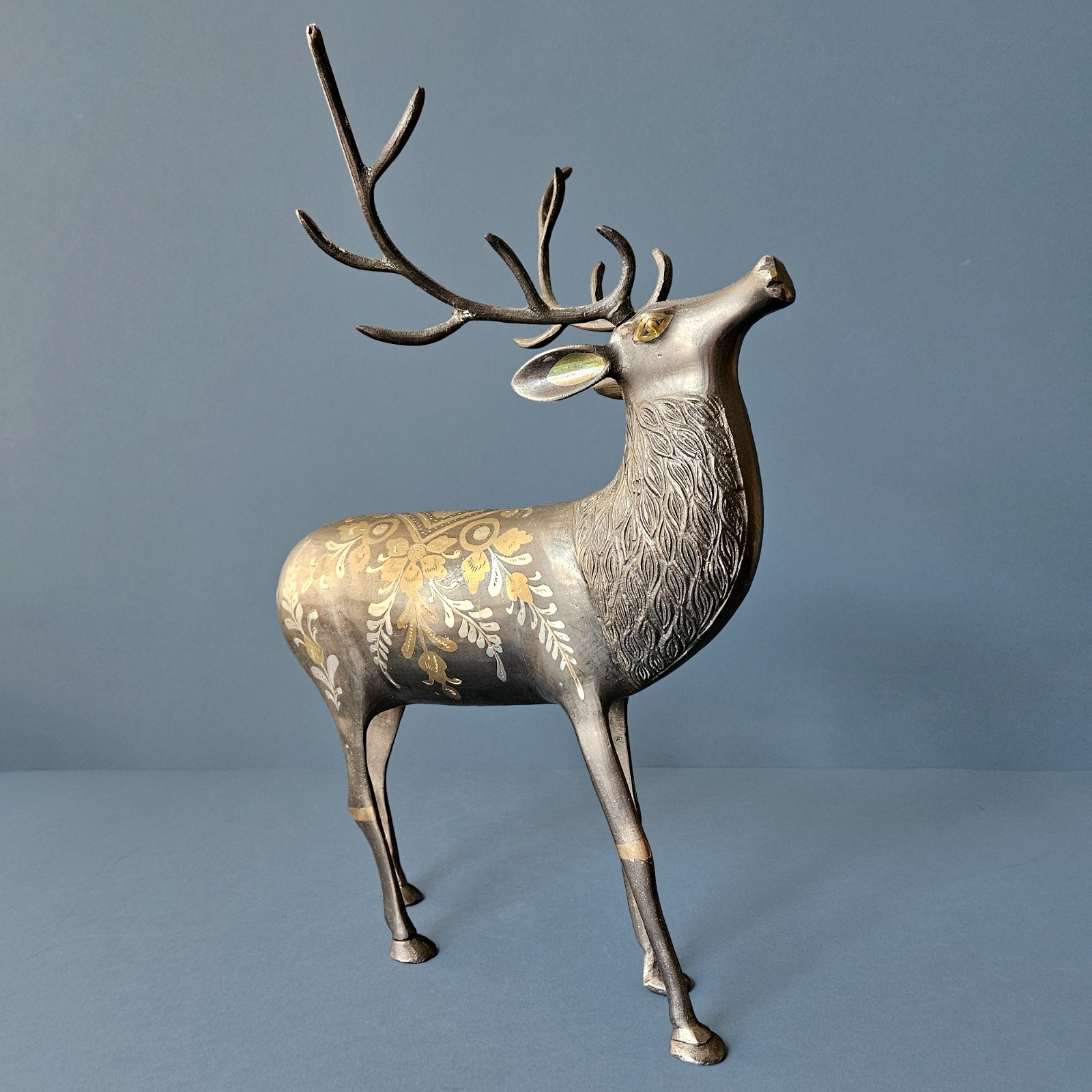 Vtg 14”H Bronze Brass Metal Buck Deer Pakistan Figurine (AS-IS: Broken Tail +)