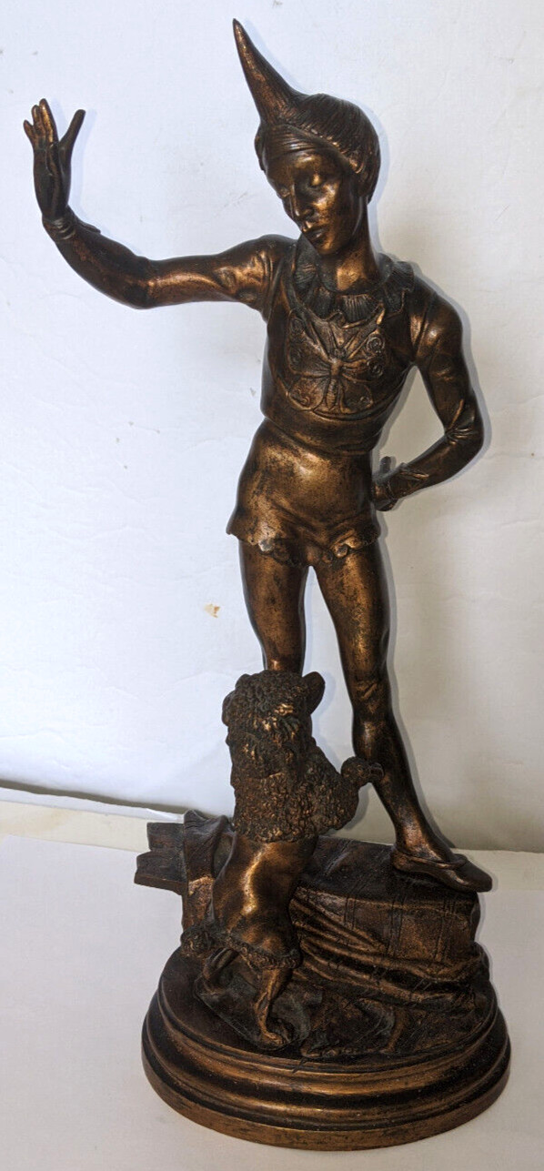 19th Century A.BARYE [1839-1882] Bronze HARLEQUIN & POODLE French 15in.