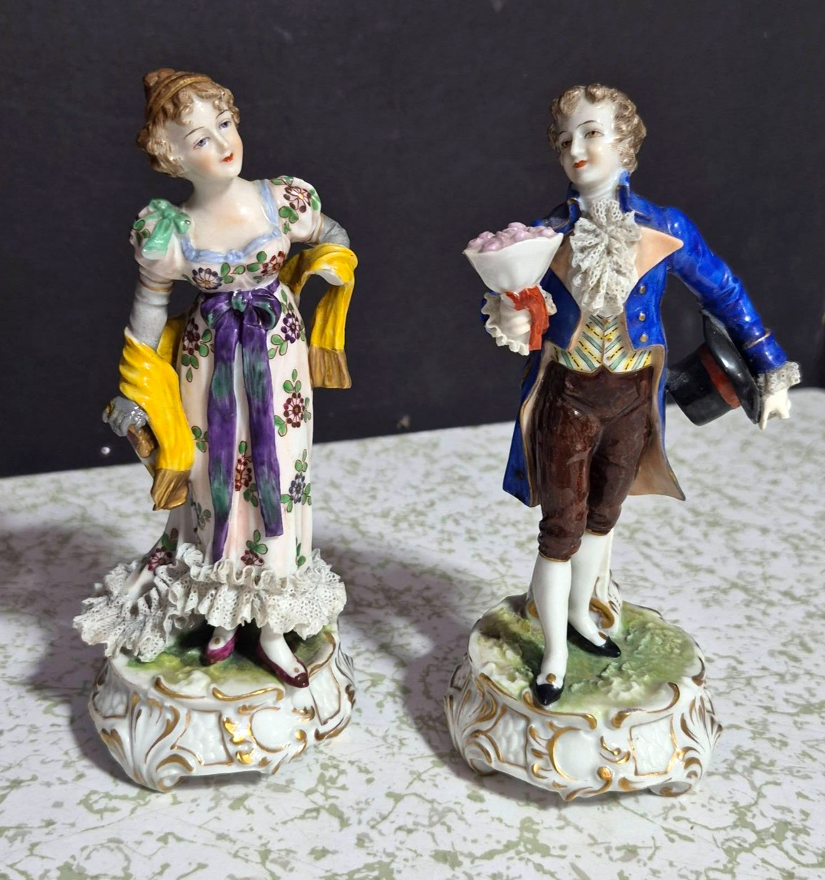 Antique German Irish Dresden Porcelain Figurine Couple, 6.5″ H.