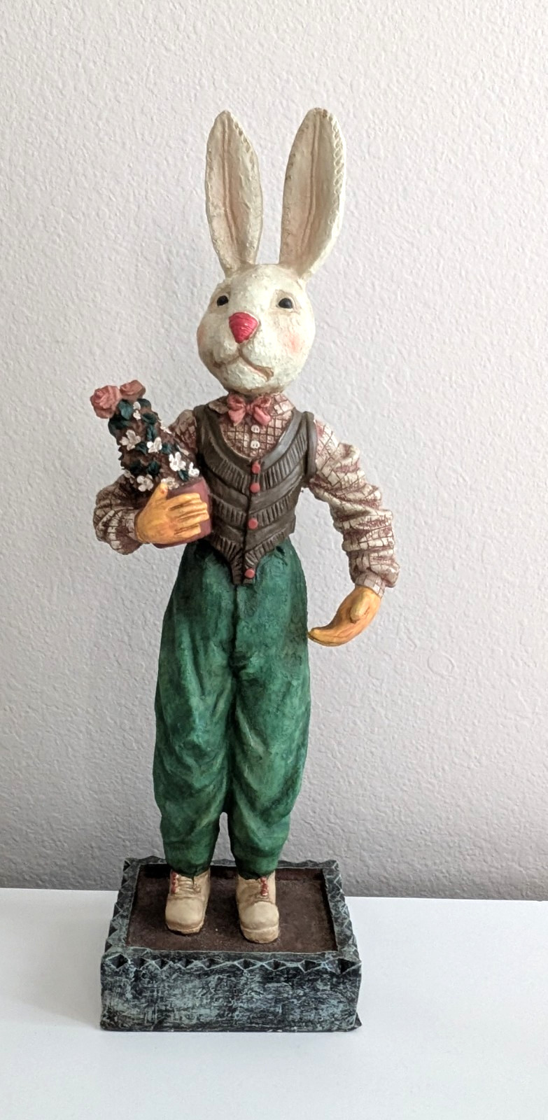 Paul Gordon folk art dapper figurine rabbit bunny flower pot vest bowtie