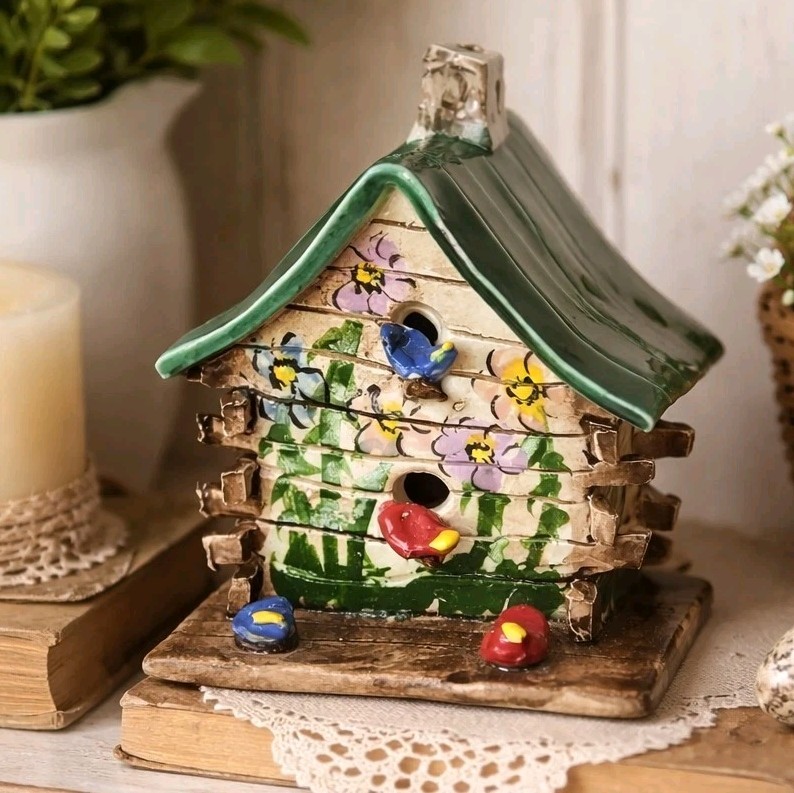 Vintage 1998 Ceramic Birdhouse Figurine Cottagecore Floral Birds Whimsical Decor