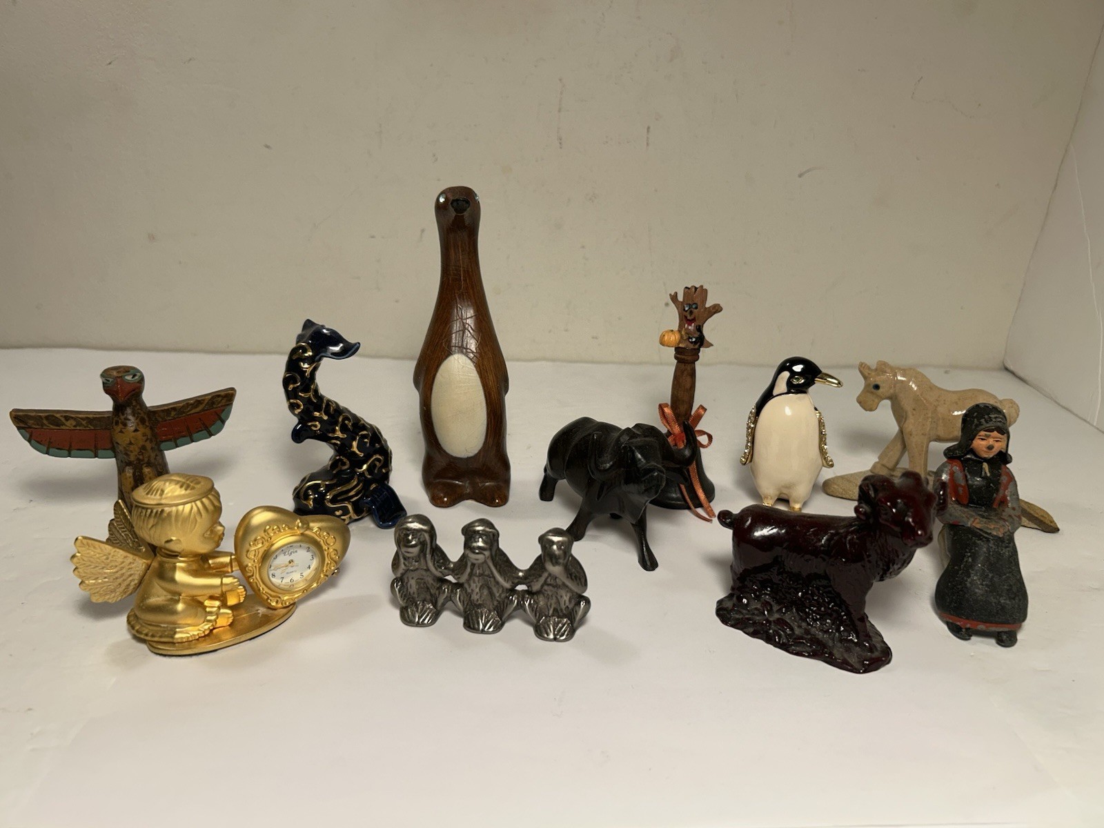 Figurines Mixed Lot 11 Pc. Metal Stone Wood Ceramic Vintage To Contemporary