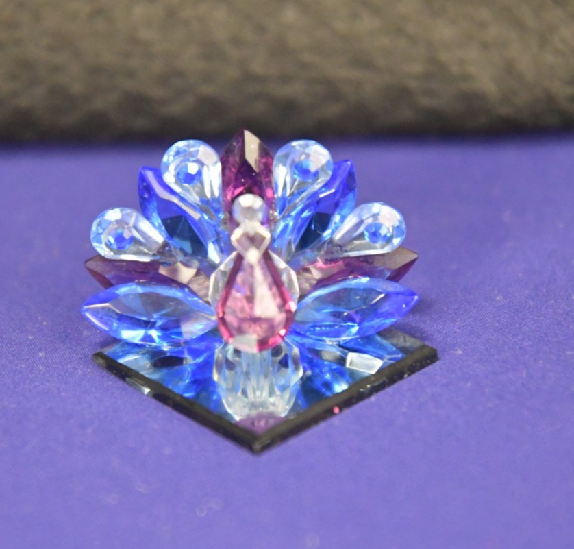 Miniature Crystal Figurine Peacock Multi-colors on a Mirror Base
