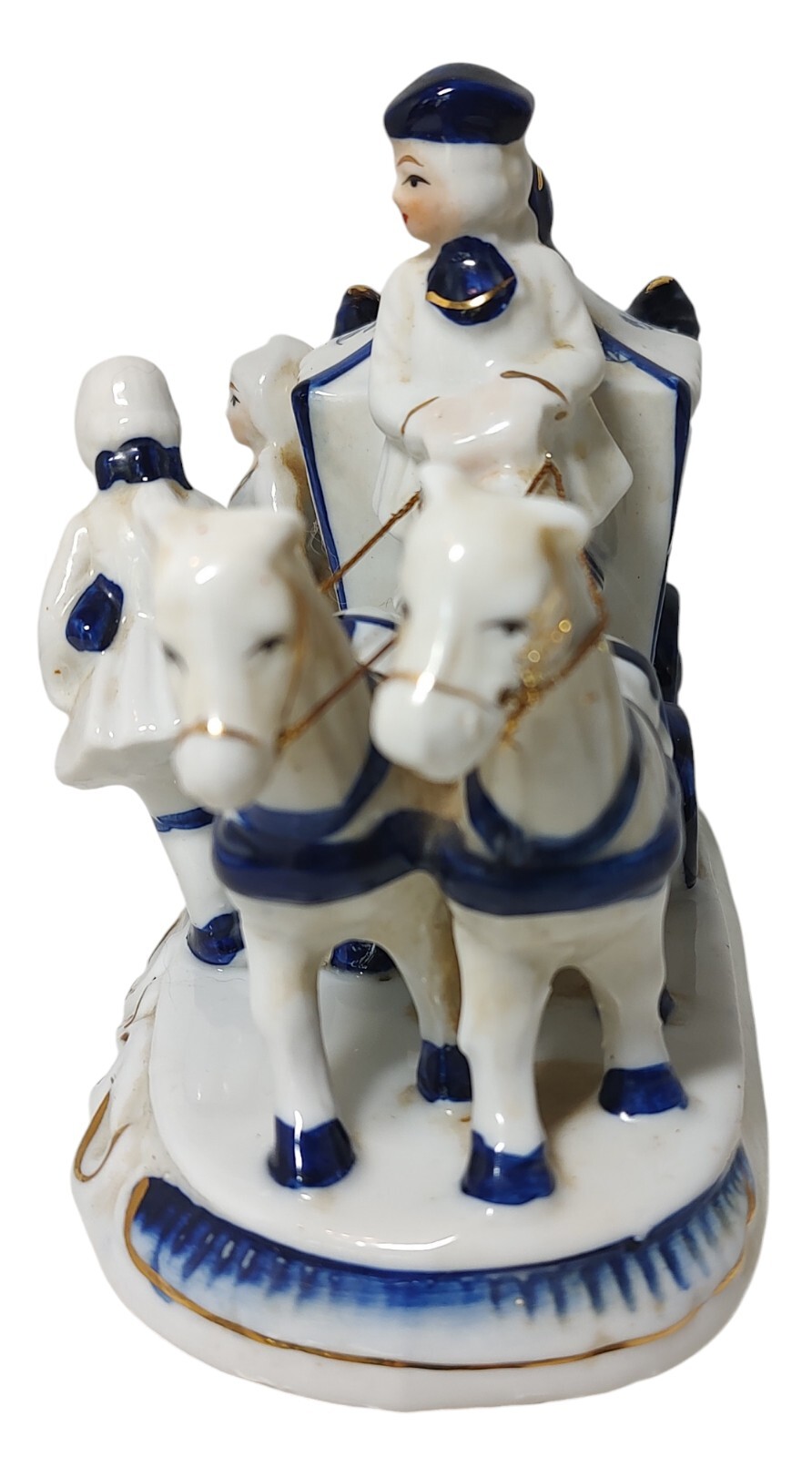 Vintage Colonial Figurine Cobalt Blue and White Porcelain Lady Coach Horses SEE