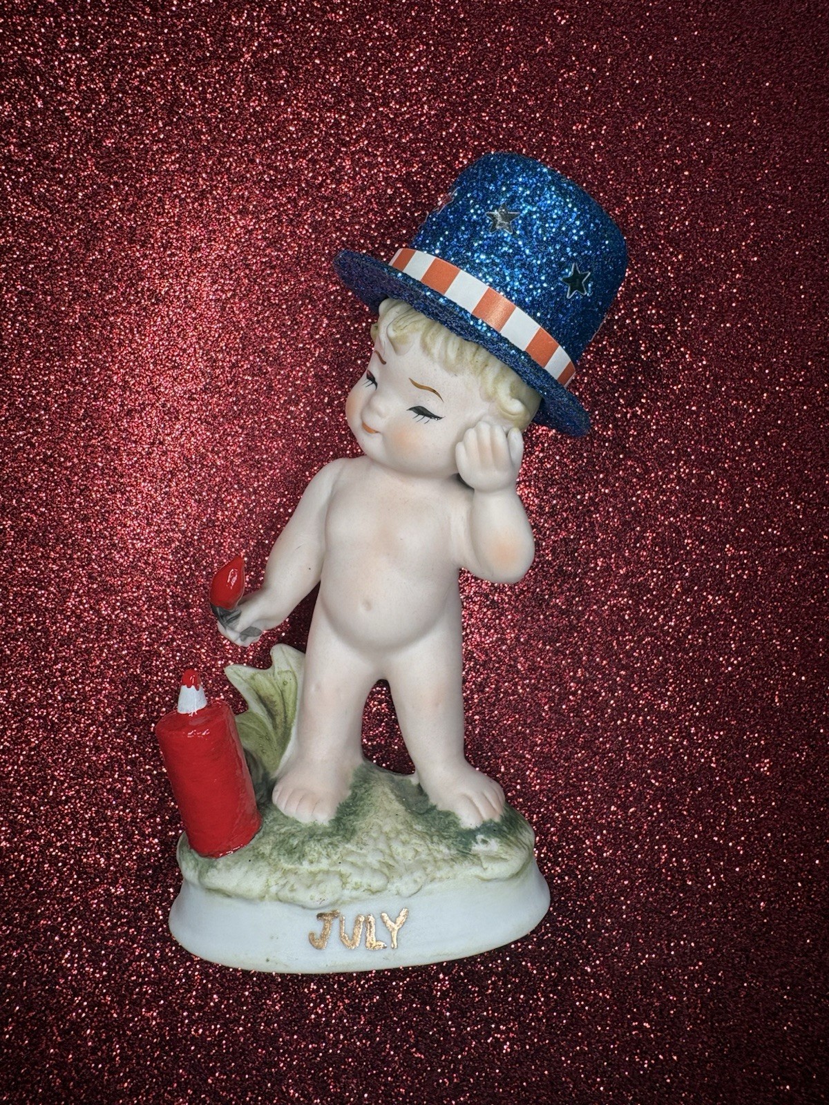 Vtg Lefton July Angel Girl In Blue Glitter Top Hat Firecracker Figurine Japan