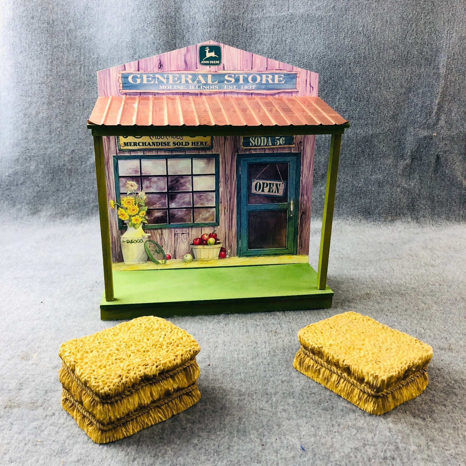 Mary Moo Moo John Deere General Store Wood Display Enesco + 2 Hay Bales