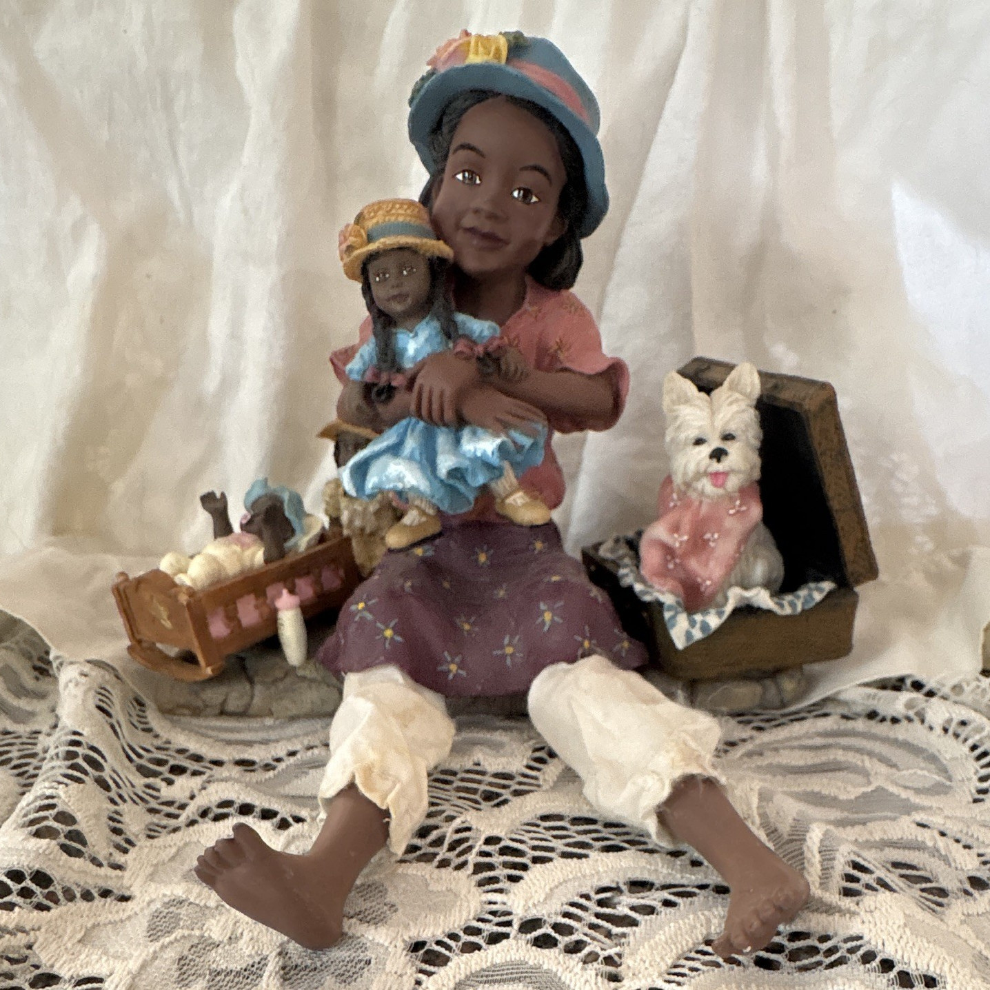 Hand Painted Resin Figurine Girl Holding Doll with Dog, Multicolor