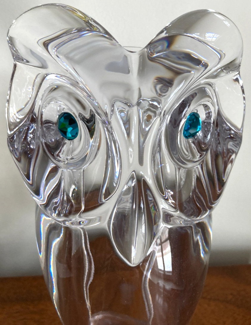 Vintage Cristal de Sèvres Large-Sized Owl Sculpture With Turquoise Eyes – 12″T
